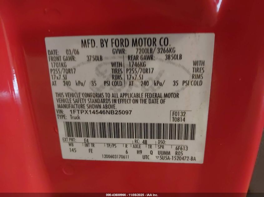2006 Ford F-150 Fx4/Lariat/Xl/Xlt VIN: 1FTPX14546NB25097 Lot: 43600966