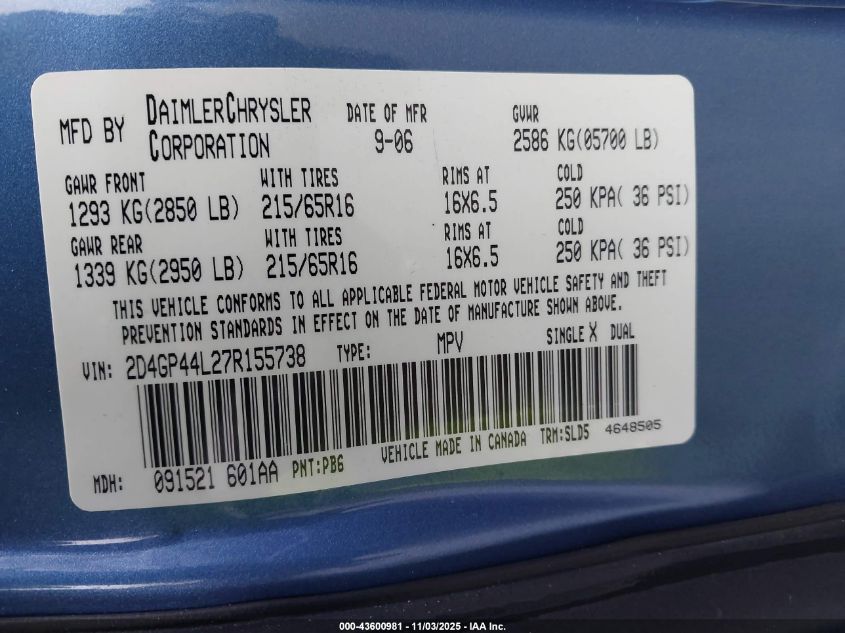 2007 Dodge Grand Caravan Sxt VIN: 2D4GP44L27R155738 Lot: 43600981