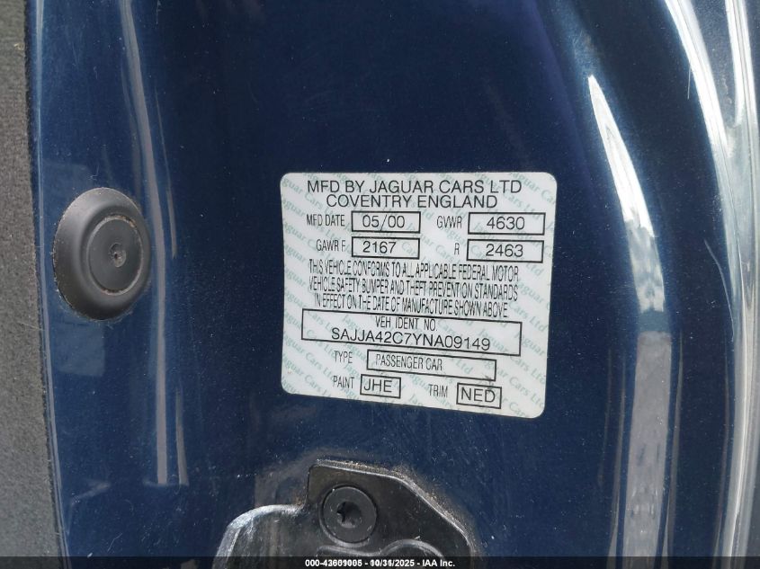 2000 Jaguar Xk8 VIN: SAJJA42C7YNA09149 Lot: 43601005