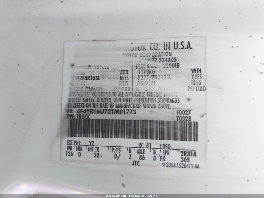 2002 Mazda B3000 Ds VIN: 4F4YR16U72TM01773 Lot: 43601018