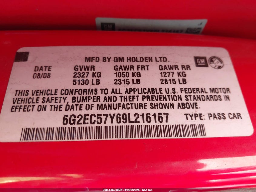 2009 Pontiac G8 Gt VIN: 6G2EC57Y69L216167 Lot: 43601022