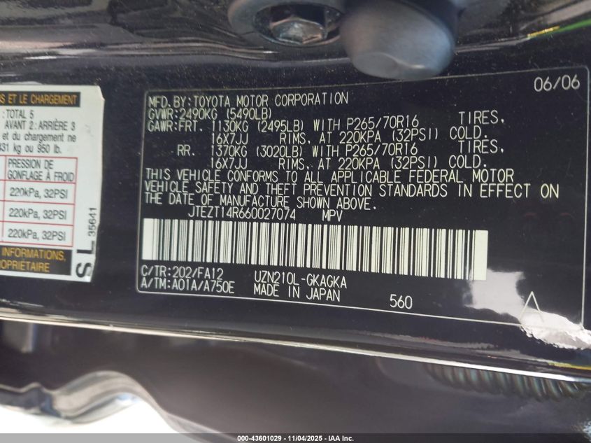 2006 Toyota 4Runner Sr5 V8 VIN: JTEZT14R660027074 Lot: 43601029