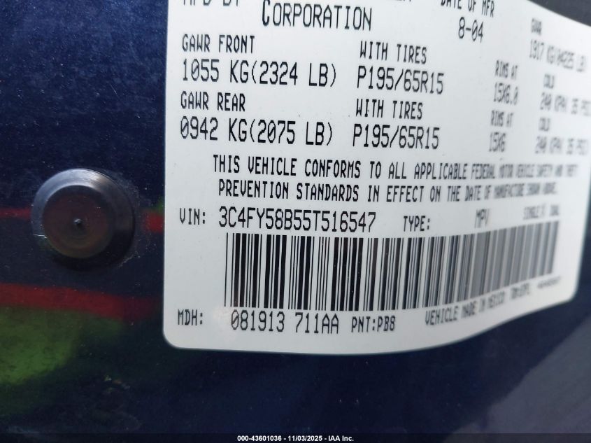 2005 Chrysler Pt Cruiser Touring VIN: 3C4FY58B55T516547 Lot: 43601036