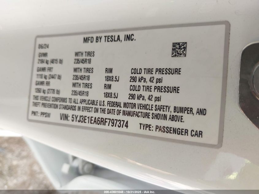 2024 Tesla Model 3 Long Range Dual Motor All-Wheel Drive/Rear-Wheel Drive VIN: 5YJ3E1EA6RF797374 Lot: 43601048