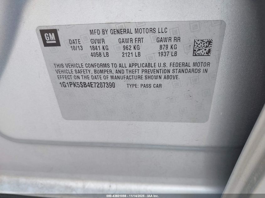 2014 Chevrolet Cruze Lt VIN: 1G1PK5SB4E7207390 Lot: 43601056
