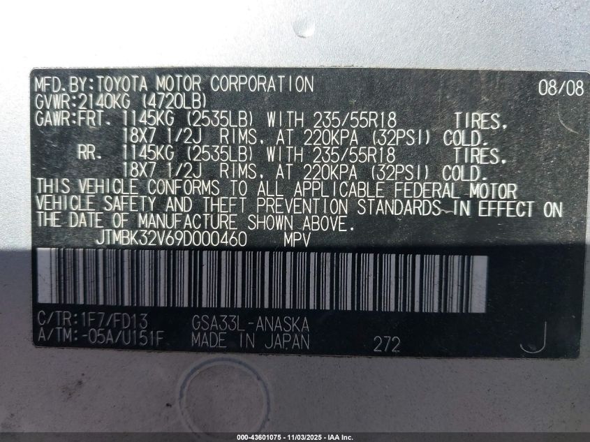 2009 Toyota Rav4 Sport V6 VIN: JTMBK32V69D000460 Lot: 43601075