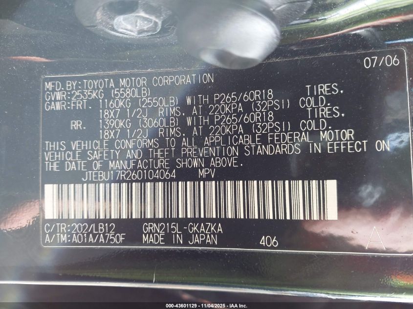 2006 Toyota 4Runner Limited V6 VIN: JTEBU17R260104064 Lot: 43601129