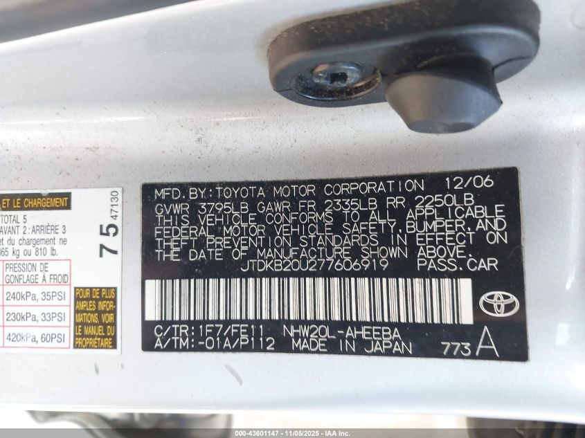 2007 Toyota Prius VIN: JTDKB20U277606919 Lot: 43601147