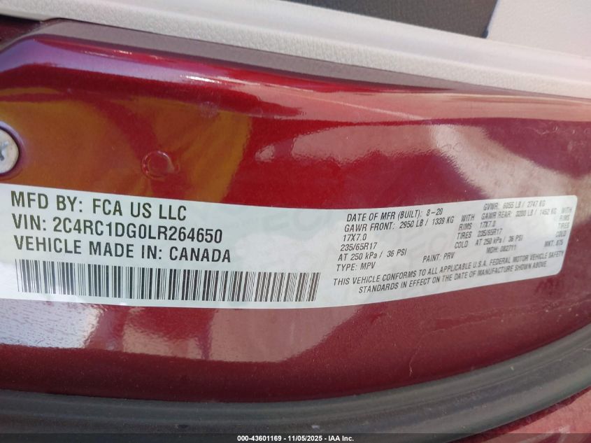 2020 Chrysler Voyager Lxi VIN: 2C4RC1DG0LR264650 Lot: 43601169