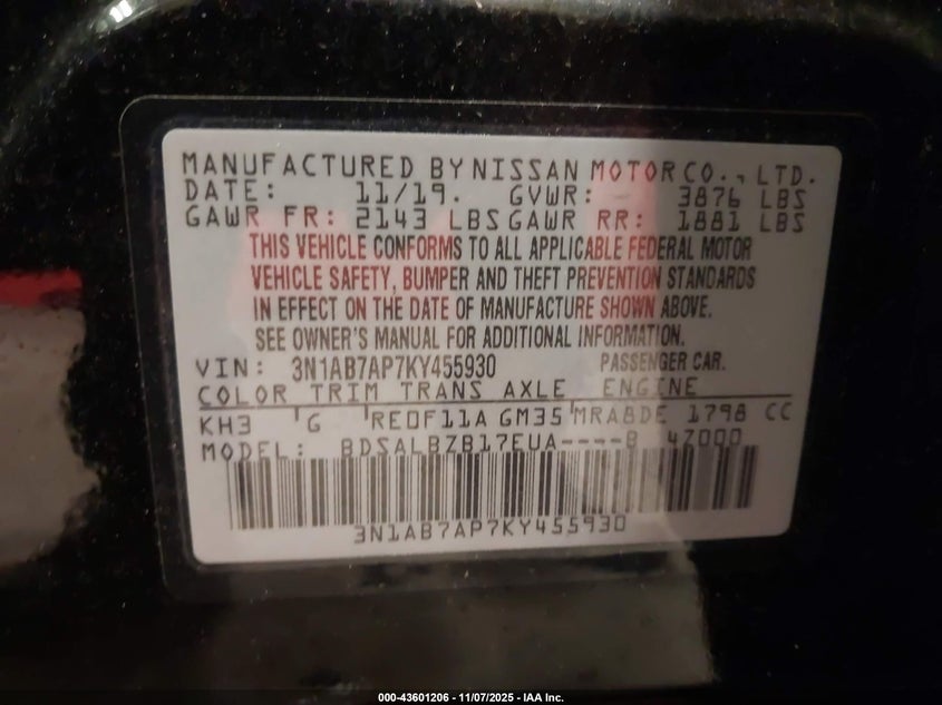 2019 NISSAN SENTRA S 3N1AB7AP7KY455930