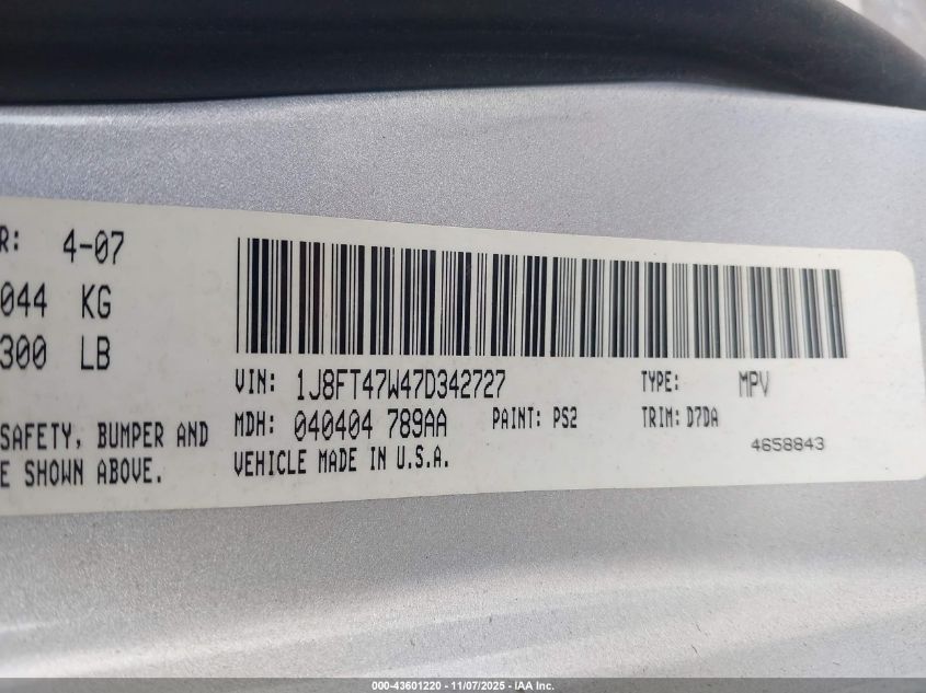 2007 Jeep Compass Sport VIN: 1J8FT47W47D342727 Lot: 43601220