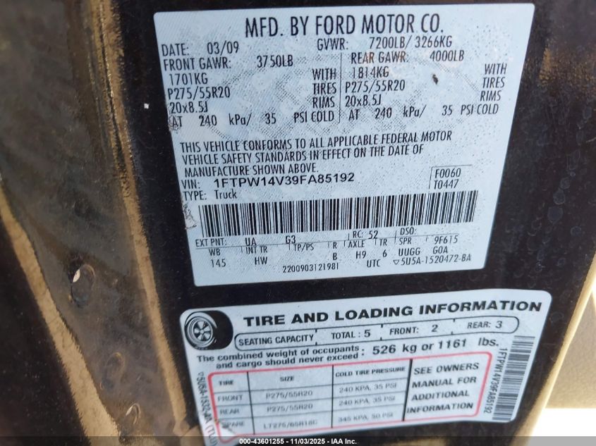 2009 Ford F-150 Fx4/King Ranch/Lariat/Platinum/Xl/Xlt VIN: 1FTPW14V39FA85192 Lot: 43601255