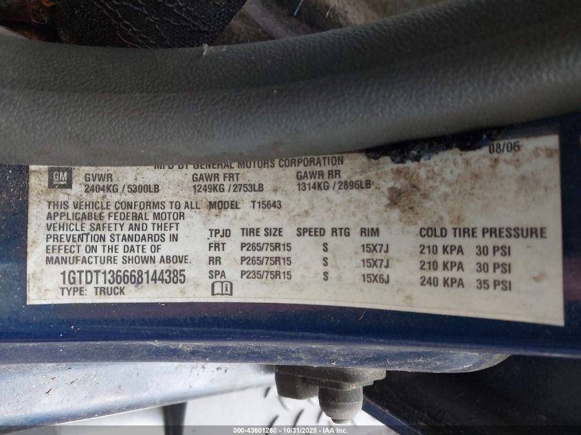 2006 GMC Canyon Sle2 VIN: 1GTDT136668144385 Lot: 43601260
