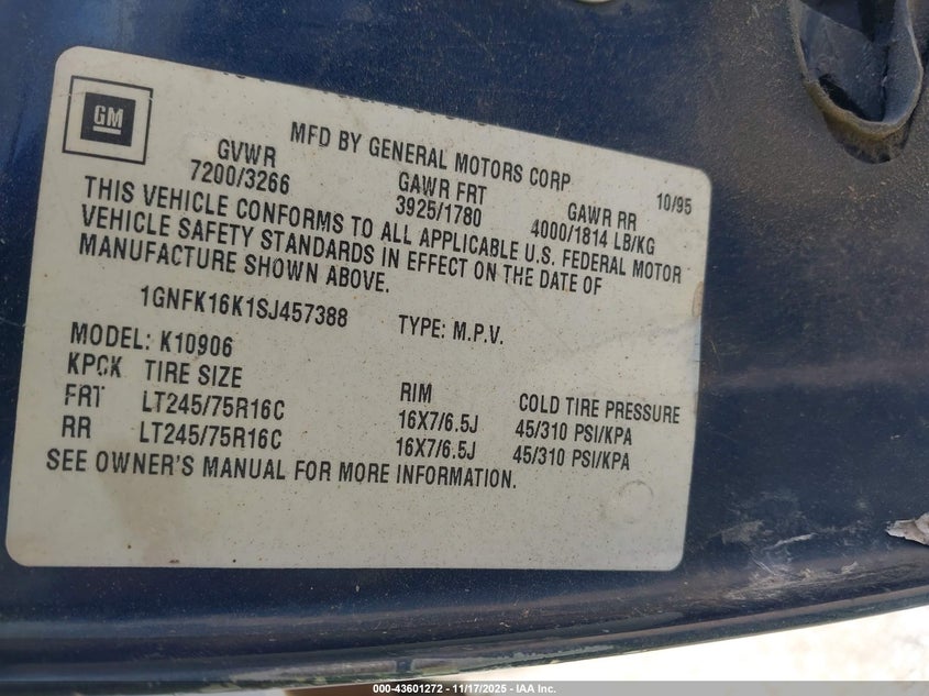 1995 Chevrolet Suburban K1500 VIN: 1GNFK16K1SJ457388 Lot: 43601272