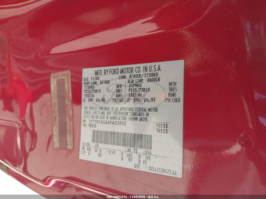 2004 Ford Ranger Edge/Xl/Xlt VIN: 1FTYR10U64PA53932 Lot: 43601274