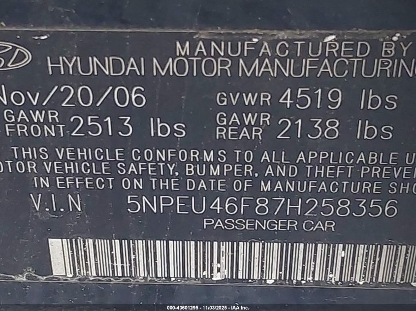 2007 Hyundai Sonata Limited/Se V6 VIN: 5NPEU46F87H258356 Lot: 43601295