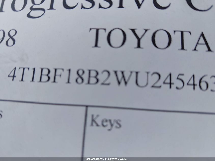 1998 Toyota Avalon Xl VIN: 4T1BF18B2WU245463 Lot: 43601307