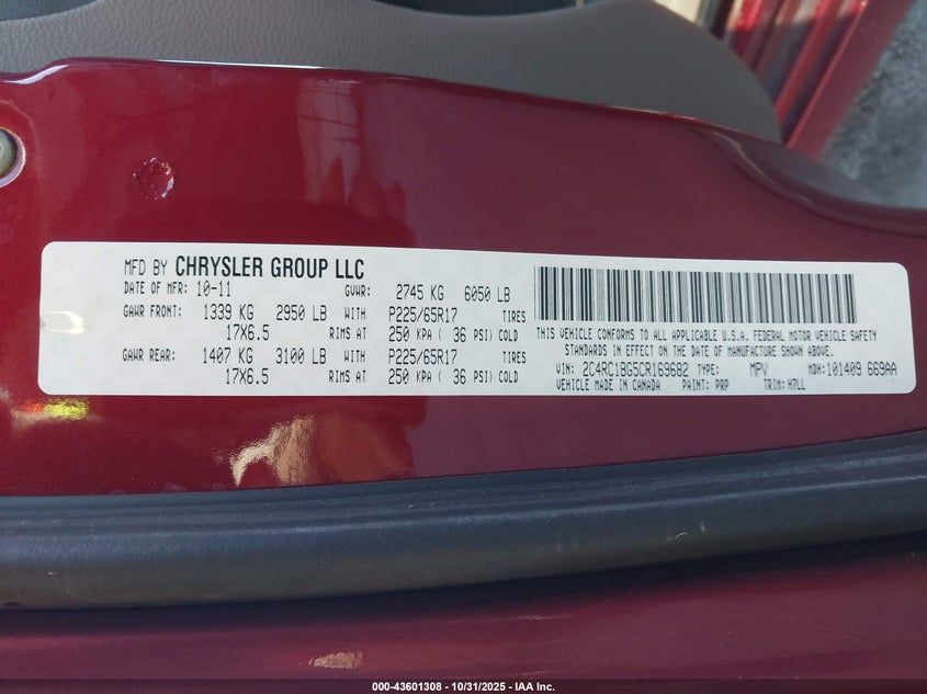 2012 Chrysler Town & Country Touring VIN: 2C4RC1BG5CR169682 Lot: 43601308