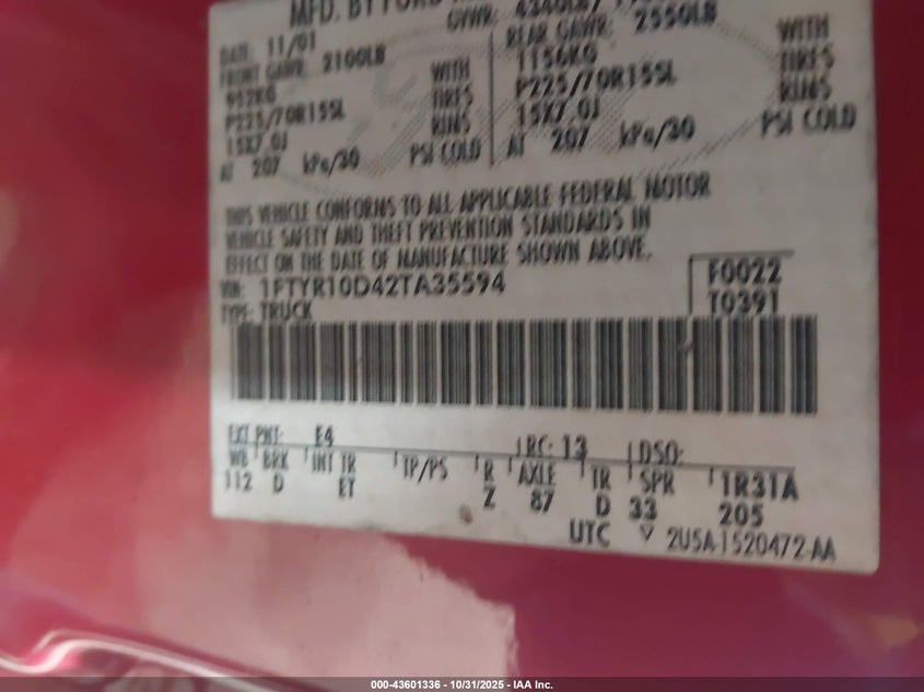 2002 Ford Ranger Xl/Xlt VIN: 1FTYR10D42TA35594 Lot: 43601336