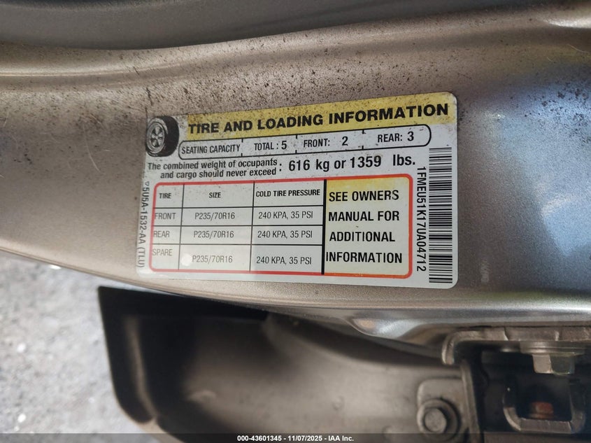 2007 Ford Explorer Sport Trac Xlt VIN: 1FMEU51K17UA04712 Lot: 43601345