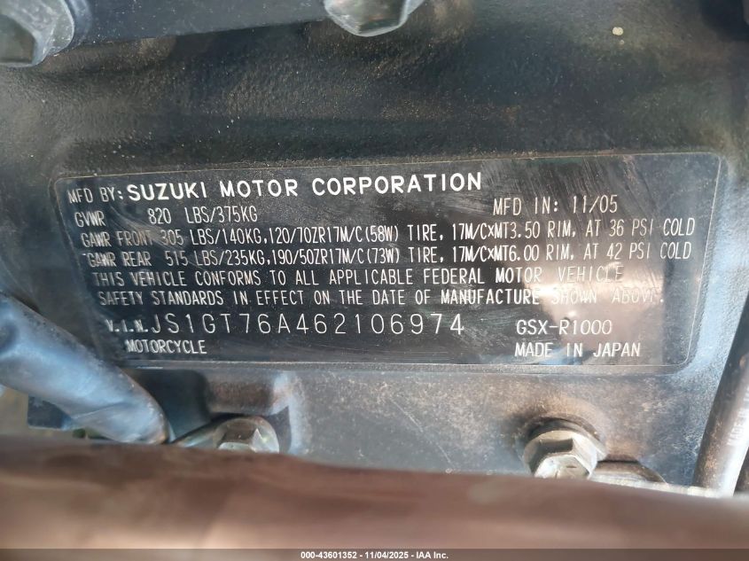 2006 Suzuki Gsx-R1000 VIN: JS1GT76A462106974 Lot: 43601352