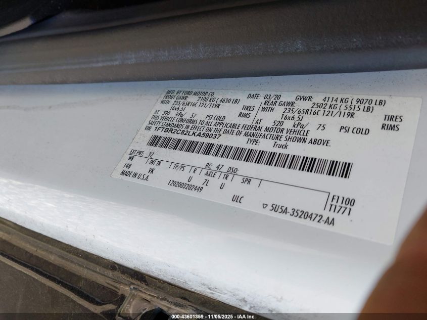 2020 Ford Transit-250 VIN: 1FTBR2C82LKA59037 Lot: 43601359