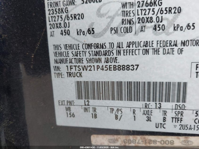 2005 Ford F-250 VIN: 1FTSW21P45EB88837 Lot: 43601430