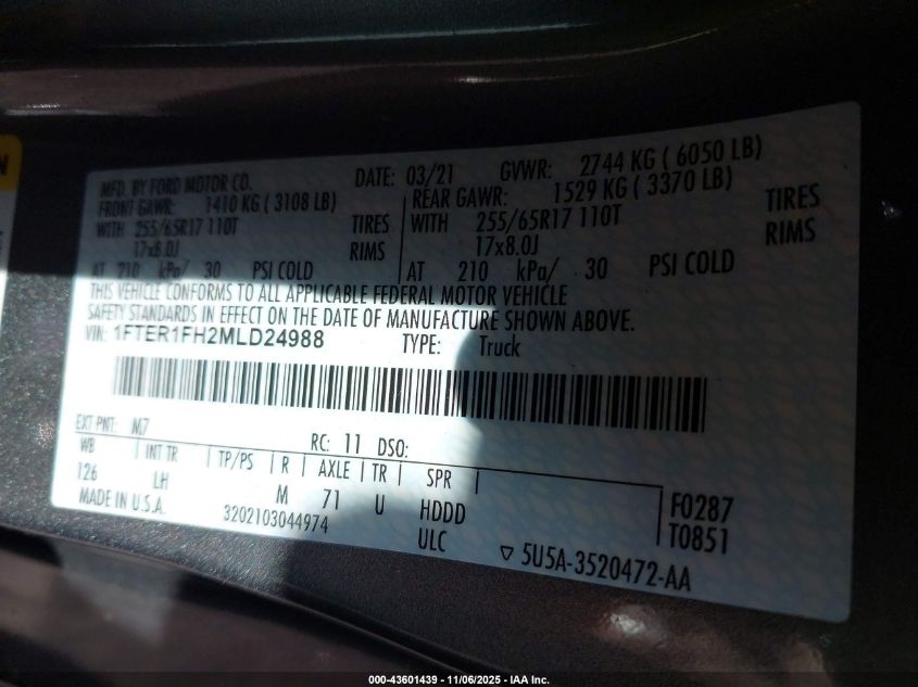 2021 Ford Ranger Xlt VIN: 1FTER1FH2MLD24988 Lot: 43601439