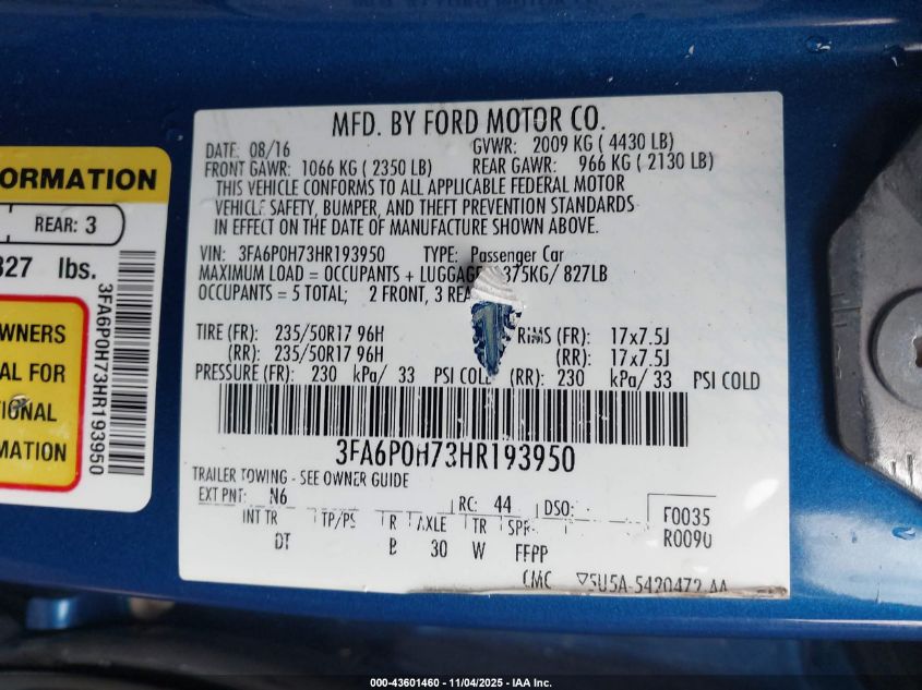 2017 Ford Fusion Se VIN: 3FA6P0H73HR193950 Lot: 43601460