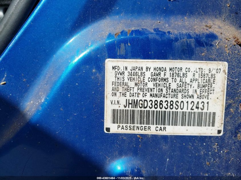 2008 Honda Fit Sport VIN: JHMGD38638S012431 Lot: 43601464