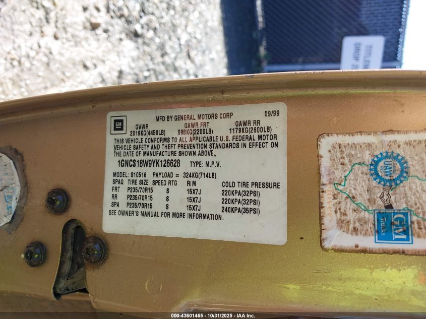 2000 Chevrolet Blazer Ls VIN: 1GNCS18W9YK126628 Lot: 43601465