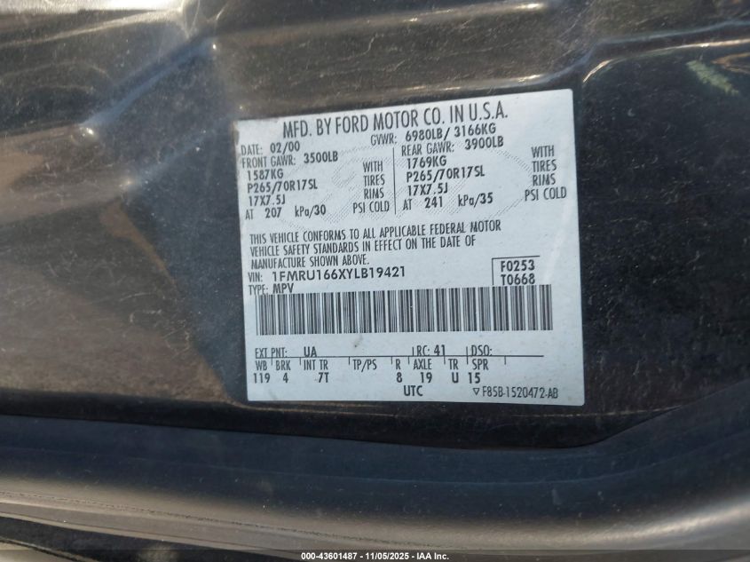 2000 Ford Expedition Xlt VIN: 1FMRU166XYLB19421 Lot: 43601487