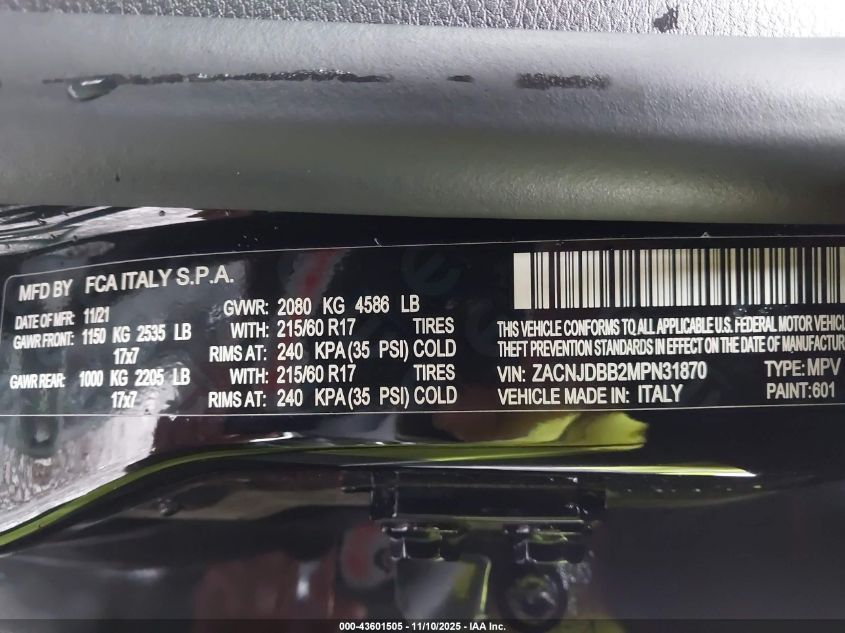 2021 Jeep Renegade Latitude 4X4 VIN: ZACNJDBB2MPN31870 Lot: 43601505