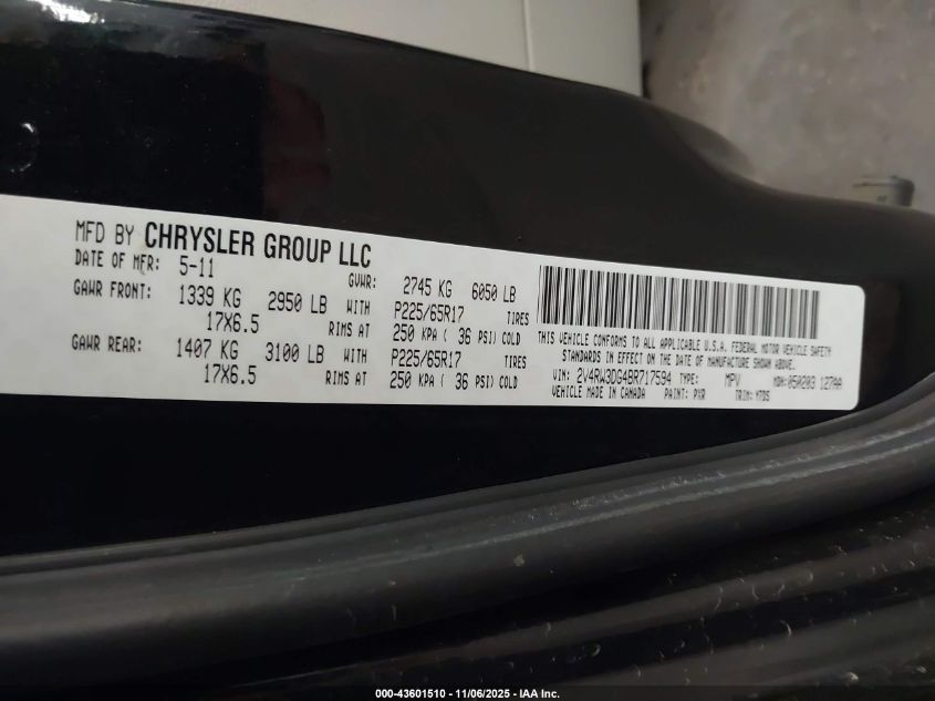 2011 Volkswagen Routan Se VIN: 2V4RW3DG4BR717594 Lot: 43601510