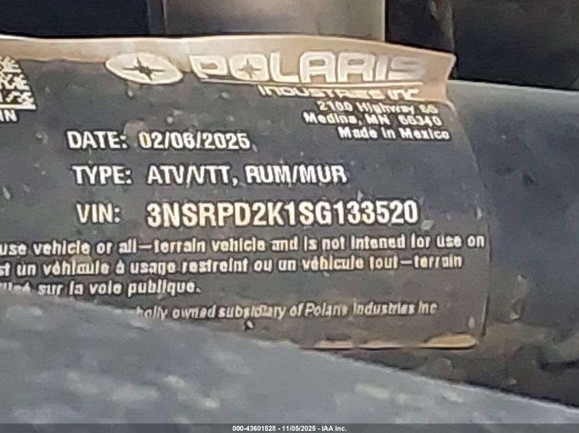 2025 Polaris Rzr Pro R Ultimate VIN: 3NSRPD2K1SG133520 Lot: 43601528