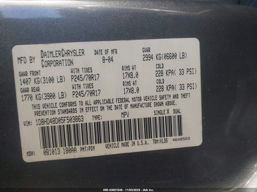 2005 Dodge Durango Slt VIN: 1D8HD48D05F503863 Lot: 43601549