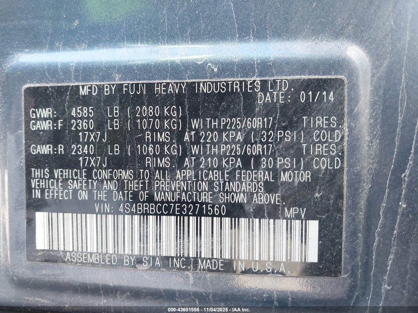 2014 SUBARU OUTBACK 2.5I PREMIUM 4S4BRBCC7E3271560