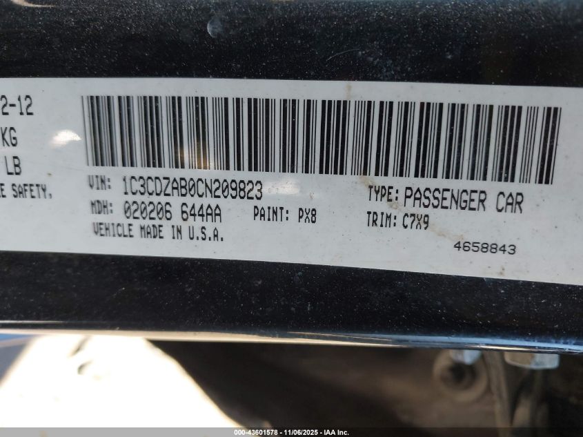 2012 Dodge Avenger Se VIN: 1C3CDZAB0CN209823 Lot: 43601578