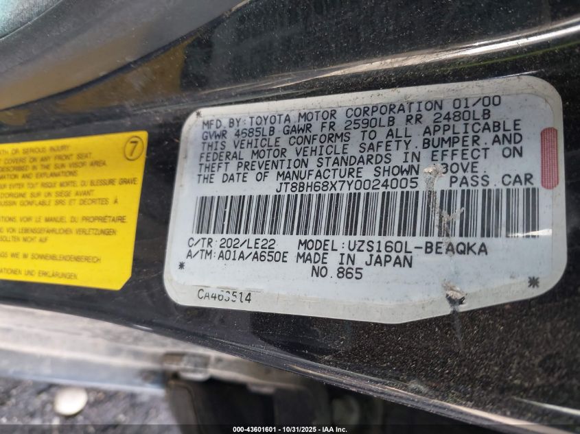 2000 Lexus Gs 400 VIN: JT8BH68X7Y0024005 Lot: 43601601