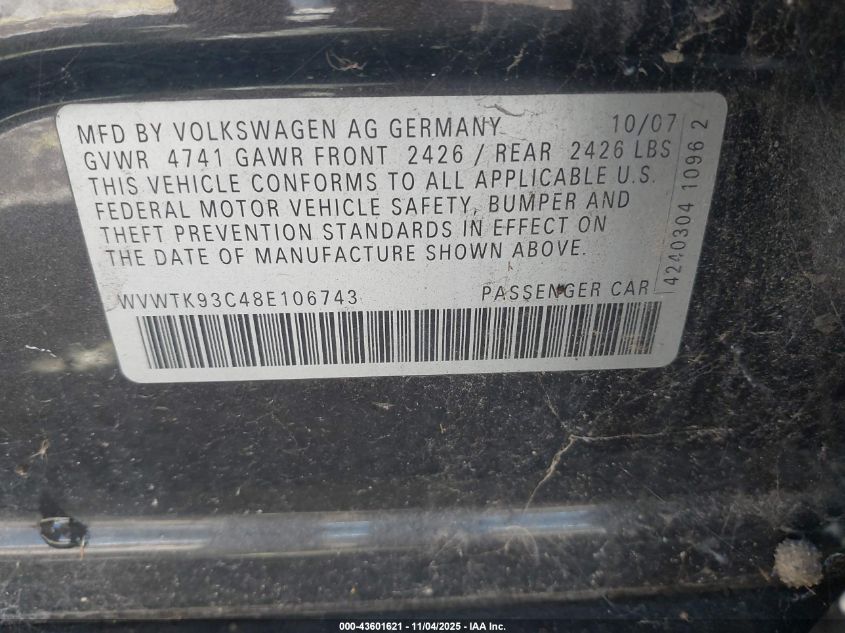 2008 Volkswagen Passat Lux VIN: WVWTK93C48E106743 Lot: 43601621
