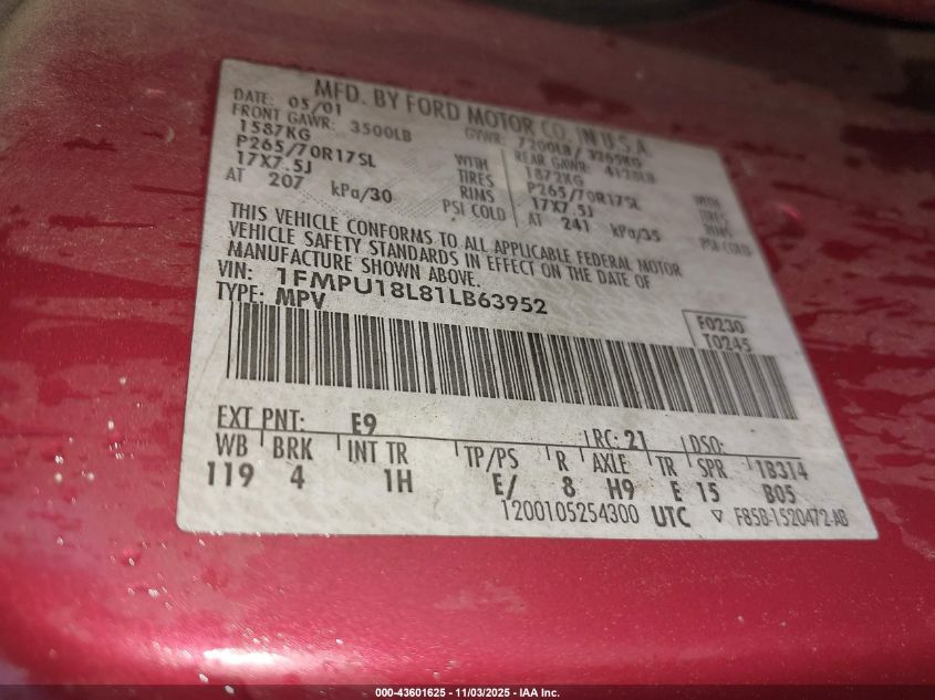 2001 Ford Expedition Eddie Bauer VIN: 1FMPU18L81LB63952 Lot: 43601625