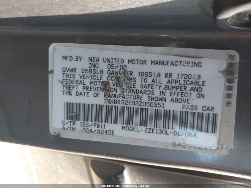 2003 Toyota Corolla Ce VIN: 1NXBR32E03Z050351 Lot: 43601630