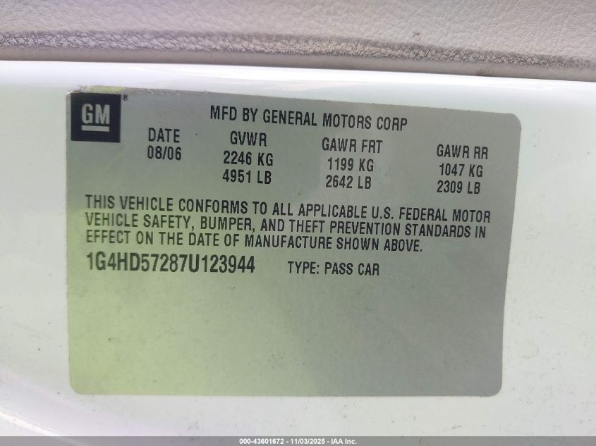 2007 Buick Lucerne Cxl VIN: 1G4HD57287U123944 Lot: 43601672