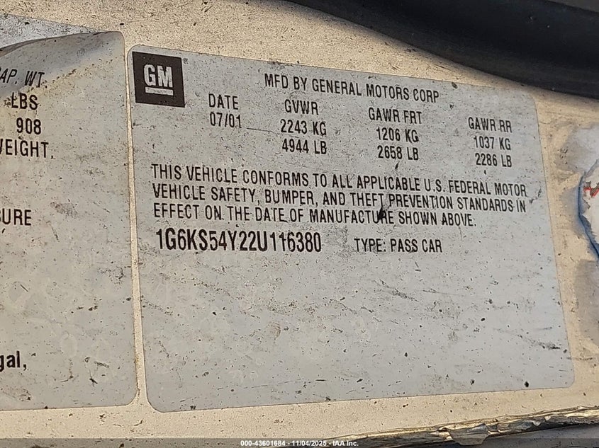 2002 Cadillac Seville Sls VIN: 1G6KS54Y22U116380 Lot: 43601684