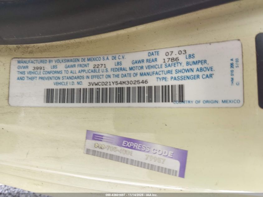 2004 Volkswagen New Beetle Gls 1.8T VIN: 3VWCD21Y54M302546 Lot: 43601697