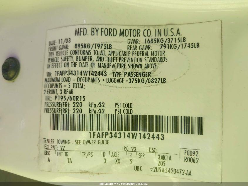 2004 Ford Focus Se VIN: 1FAFP34314W142443 Lot: 43601717