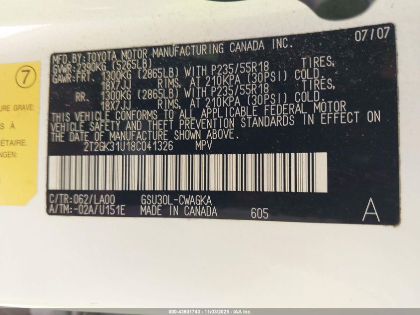 2008 Lexus Rx 350 VIN: 2T2GK31U18C041326 Lot: 43601743