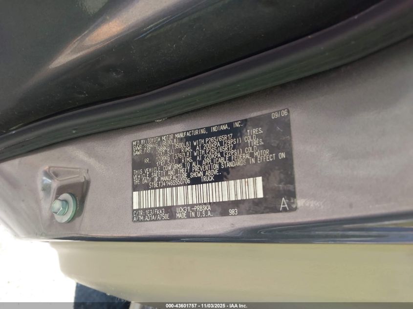 2006 Toyota Tundra Sr5 V8 VIN: 5TBET34146S550706 Lot: 43601757