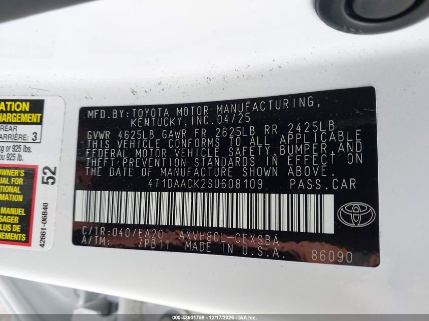 2025 Toyota Camry Se VIN: 4T1DAACK2SU608109 Lot: 43601759
