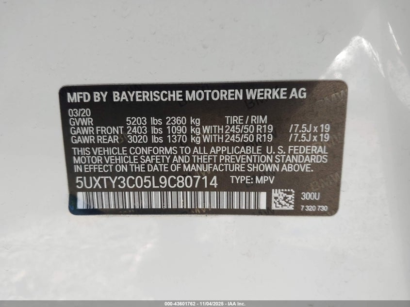 5UXTY3C05L9C80714 | 2020 BMW X3 Sdrive30I